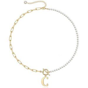 Trendy 14K Gold Plated Pearl Initial Necklace with Paperclip Chain - Adjustable